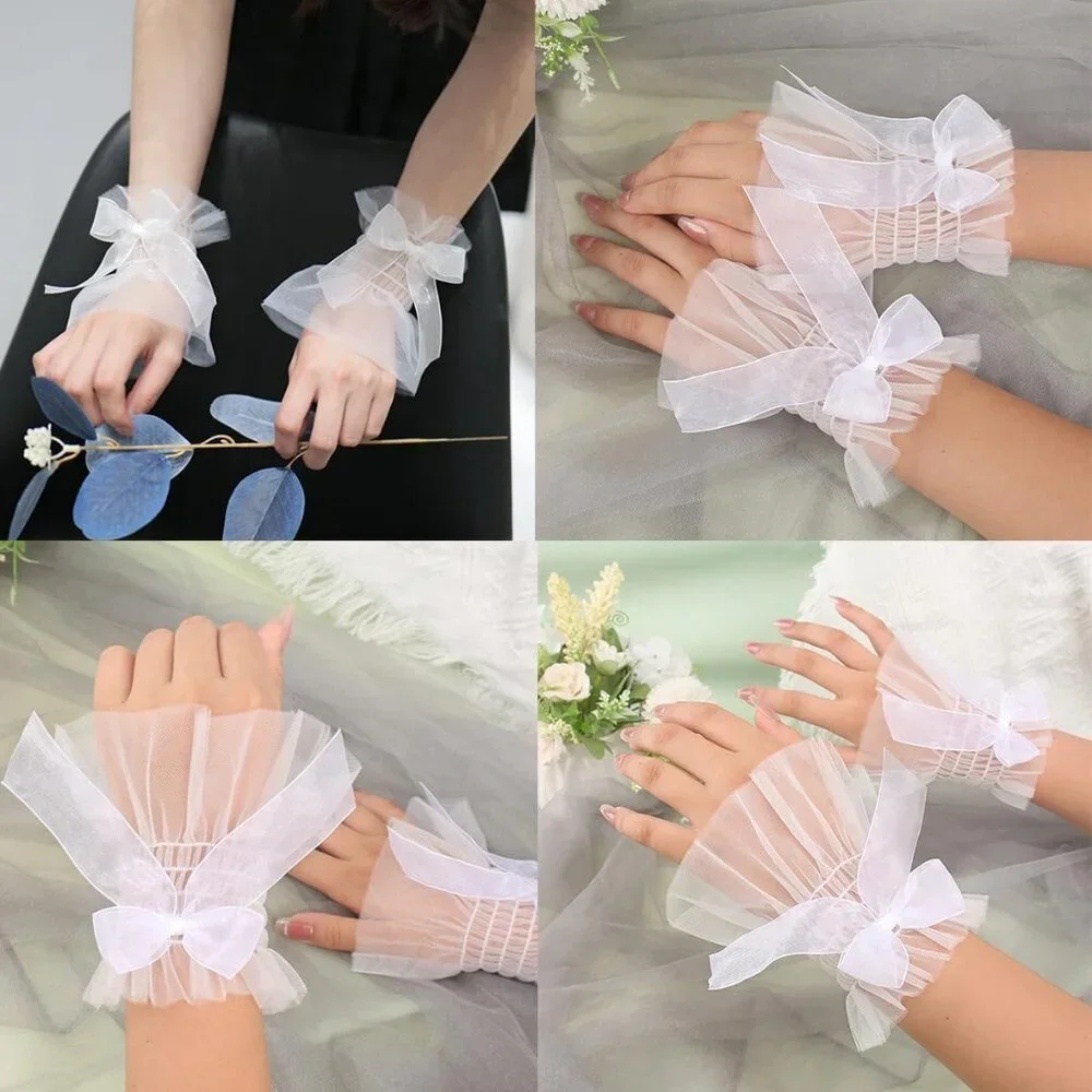 Women's Bow Lace White Wrist Cuff Hand Sleeve Gloves Wedding Party Decoration